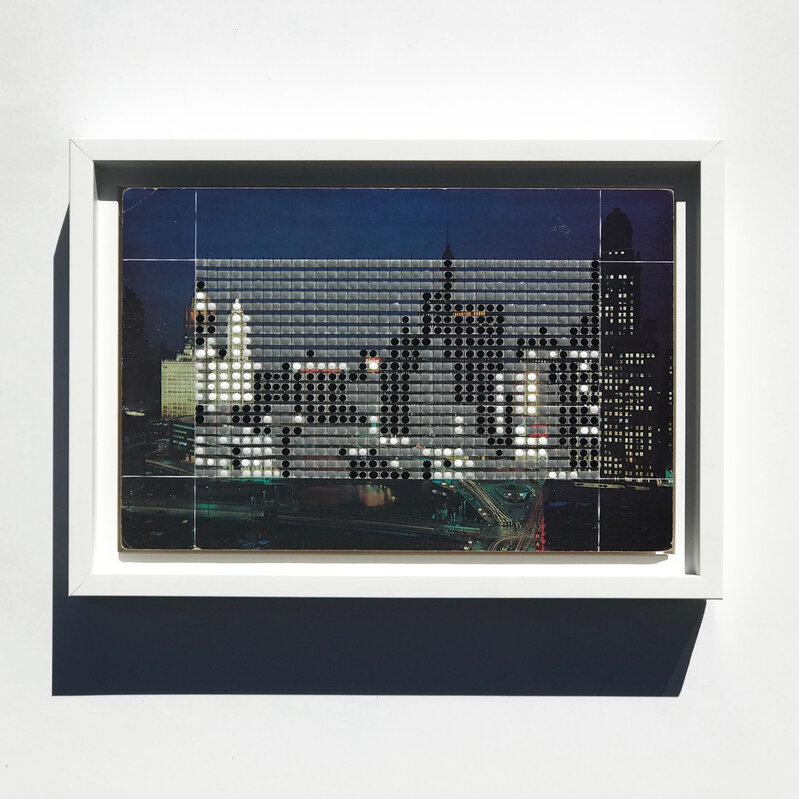 Nina Tichava, ‘Borrowed Landscapes Study No.185/ IL, Chicago, Chicago River & Walker Drive at Night’, 2018, Painting, Tape, graphite and acrylic on found vintage postcard, K Contemporary