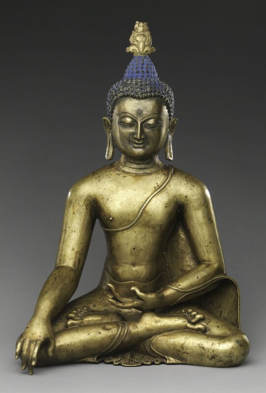 ‘Seated Buddha Reaching Enlightenment. Central Tibet’, 11th-12th century, Sculpture, Brass with colored pigments, The Metropolitan Museum of Art