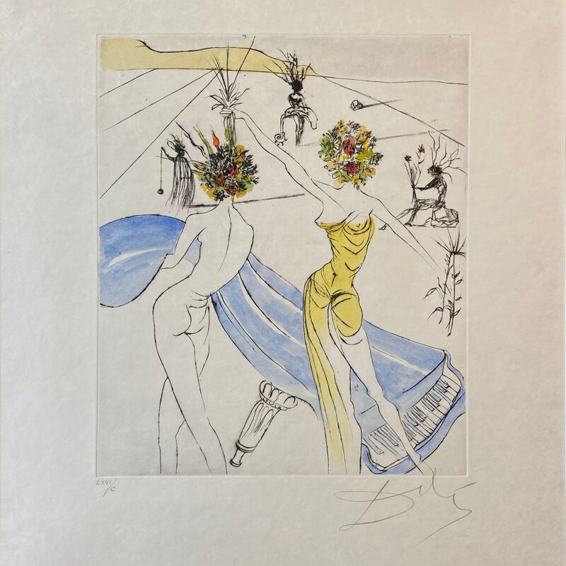 Salvador Dalí, ‘Hippies Suite: Flower Women with Soft Piano - Femmes Fleurs au Piano ’, 1969-1970, Print, Original drypoint etching hand-coloring on Japanese paper, Off The Wall Gallery