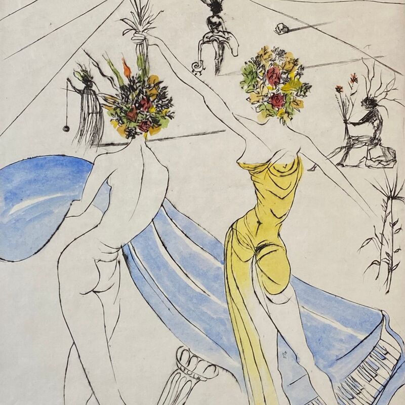 Salvador Dalí, ‘Hippies Suite: Flower Women with Soft Piano - Femmes Fleurs au Piano ’, 1969-1970, Print, Original drypoint etching hand-coloring on Japanese paper, Off The Wall Gallery