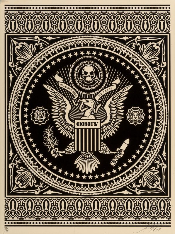 Shepard Fairey, ‘Z-Trip - Mstrkrft - Soundclash of the Titans and Presidential Seal (Black)’, 2007/2008, Print, Screenprints in colors on speckled cream paper, Heritage Auctions