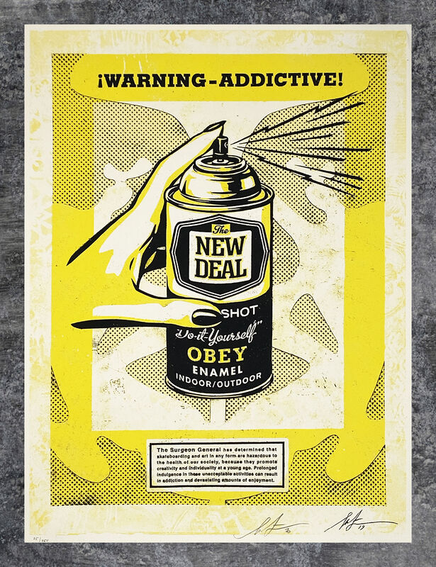 Shepard Fairey, ‘'Warning: Addictive' (2nd Edition)’, 2020, Print, Screen print on cream, Speckletone fine art paper., Signari Gallery