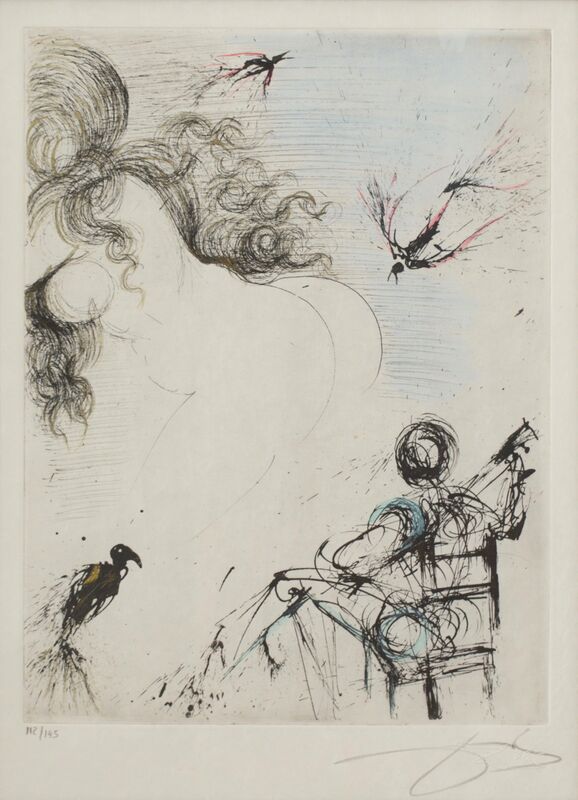 Salvador Dalí, ‘Femme au Perroquet (Woman with parrot; from Peomes Secrets by Apollinaire)’, 1967, Print, Hand watercolored etching with drypoint, printed on Japon paper, Rachael Cozad Fine Art