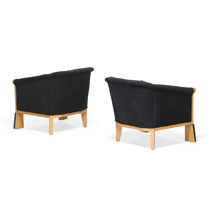 Michael Graves (1934-2015), ‘Pair of lounge chairs, USA’, 1980, Design/Decorative Art, Bird's-eye maple, ebonized wood, upholstery, Rago/Wright/LAMA