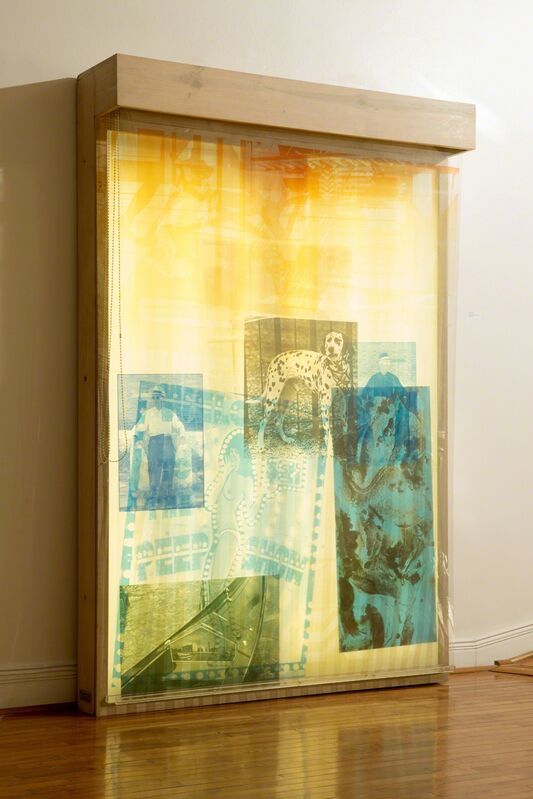 Robert Rauschenberg, ‘Sling-Shots Lit #8’, 1985, Installation, Screenprint in colors on sailcloth and mylar sheets, wooden lightbox, fluorescent light, and moveable window shades, Wexler Gallery