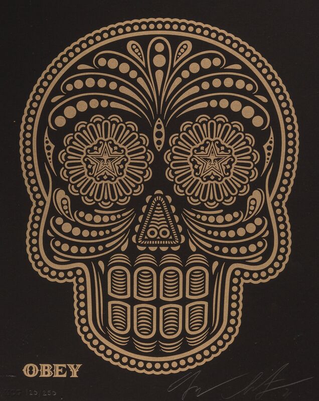 Shepard Fairey, ‘Obey & Ganas Day of the Dead Calavera Set (two works)’, 2021, Print, Letterpress in colors on black wove paper, Heritage Auctions