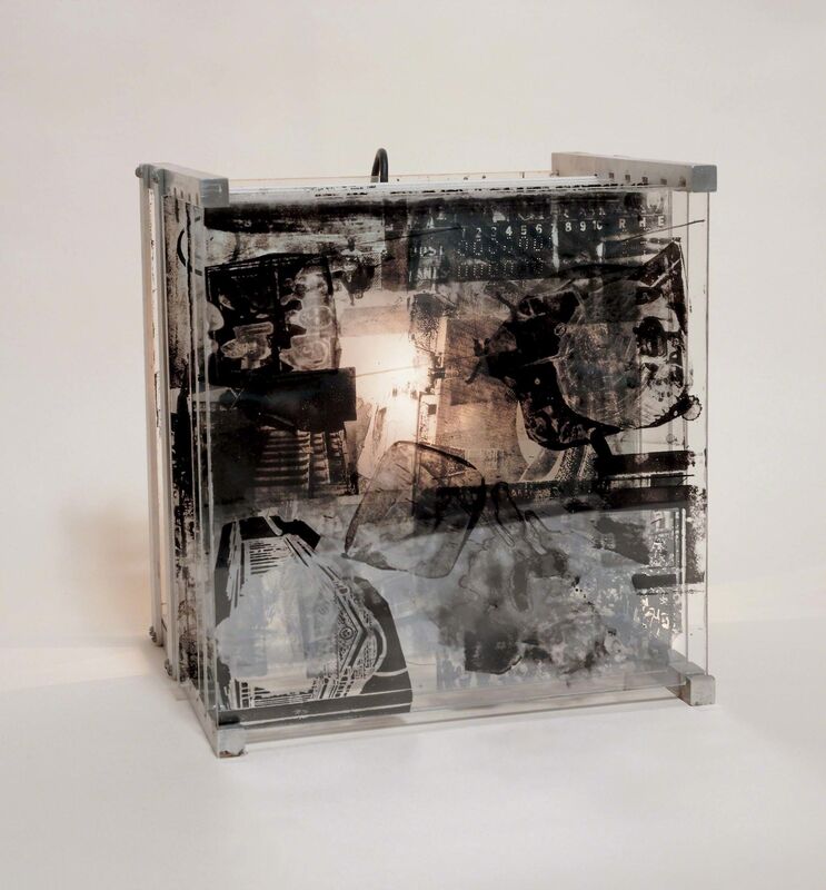 Robert Rauschenberg, ‘Shades’, 1964, Six lithographs printed on Plexiglas panels, five interchangeable, mounted in slotted aluminum box on optional iron stand designed by artist, illuminated by a light bulb that blinks or burns steadily, Robert Rauschenberg Foundation