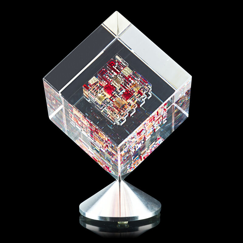 Jon Kuhn, ‘Spinning cube, "Red Barron," Winston-Salem, NC’, 2001, Design/Decorative Art, Ground, polished, and laminated glass, brushed metal, Rago/Wright/LAMA