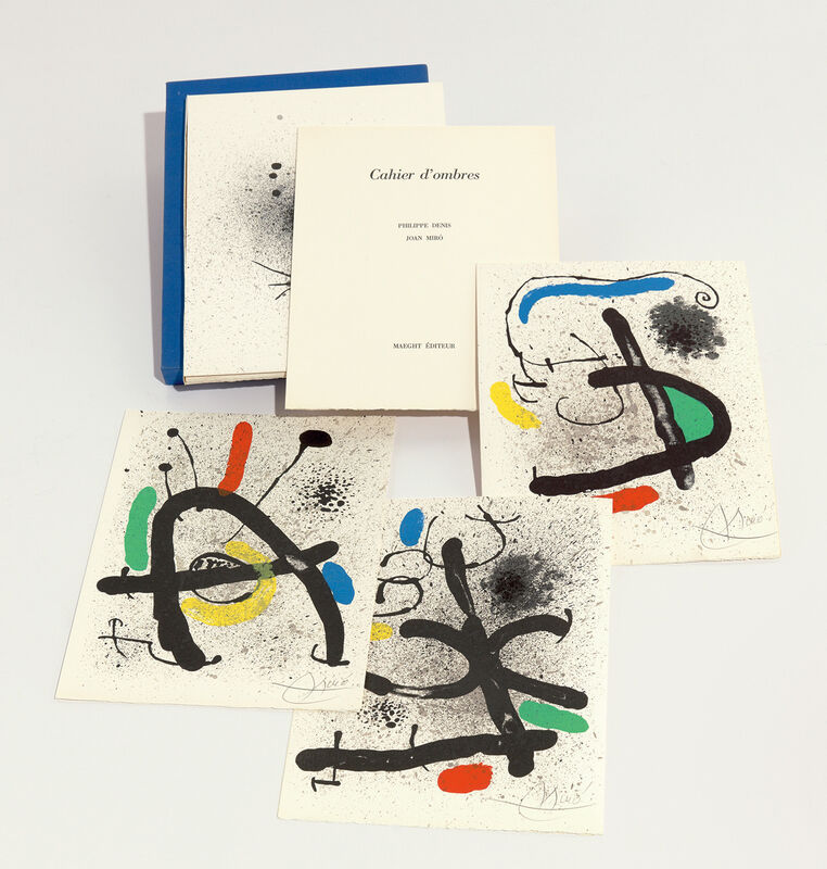 Joan Miró, ‘Cahier d'ombres (Shadow Notebook)’, 1971, Books and Portfolios, The complete set of four lithographs in colors (one a double page in black for the cover), with text by Philippe Denis, loose (as issued), all contained in the original blue linen-covered portfolio and slipcase., Phillips