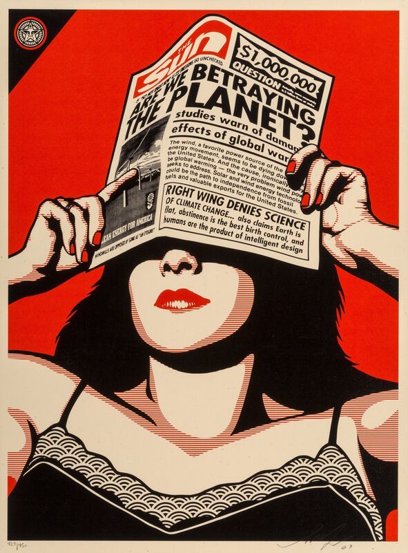 Shepard Fairey, ‘Global Warning and Sun Paper Print (two works)’, 2009, Print, Screenprints in colors on speckled cream paper, Heritage Auctions
