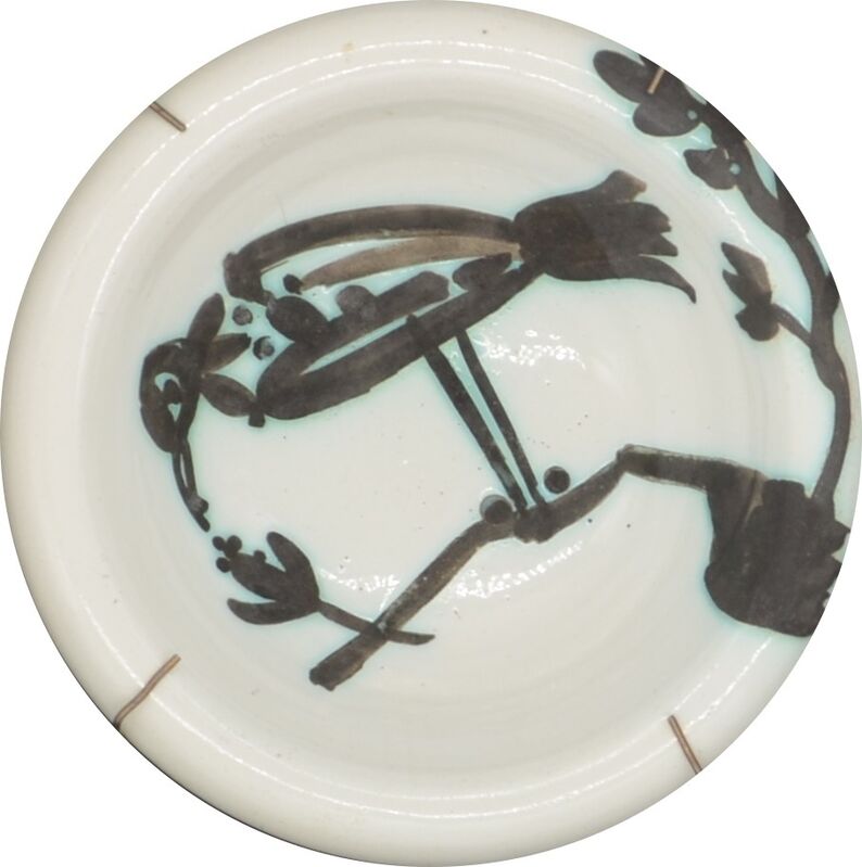 Pablo Picasso, ‘Bird on a Branch ’, 1952, Sculpture, Partially Glazed Terre De Faience Round Ashtray painted in black and white, Off The Wall Gallery