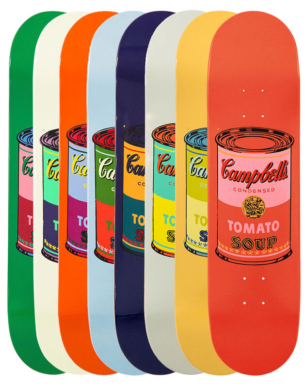 Andy Warhol, ‘Set of 8 Colored Skateboards of Campbell's Soup Cans’, 2016, Installation, Made of 7 ply grade a Canadian maple wood top print includes the official Andy Warhol brand logo, one wall mount included per deck, Corridor Contemporary
