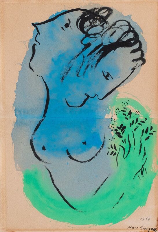 Marc Chagall, ‘Doppio profilo su fondo blu e verde’, 1950, Drawing, Collage or other Work on Paper, Gouache, pastel and ink on paper, Finarte