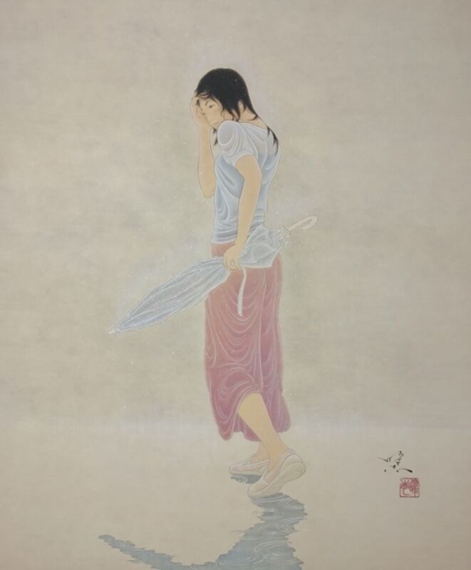 Yoji Kumagai, ‘A Girl With Umbrella’, 2019, Painting, Mineral pigments on Japanese paper mounted on wood panel, SEIZAN Gallery