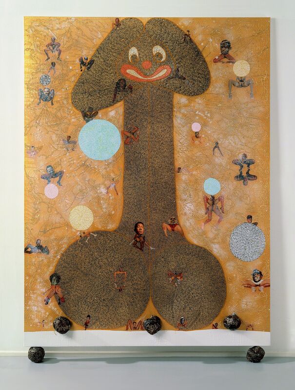 Chris Ofili, ‘Pimpin' ain't easy’, 1997, Mixed Media, Oil, polyester resin, paper collage, glitter, map pins, and elephant dung on linen, New Museum