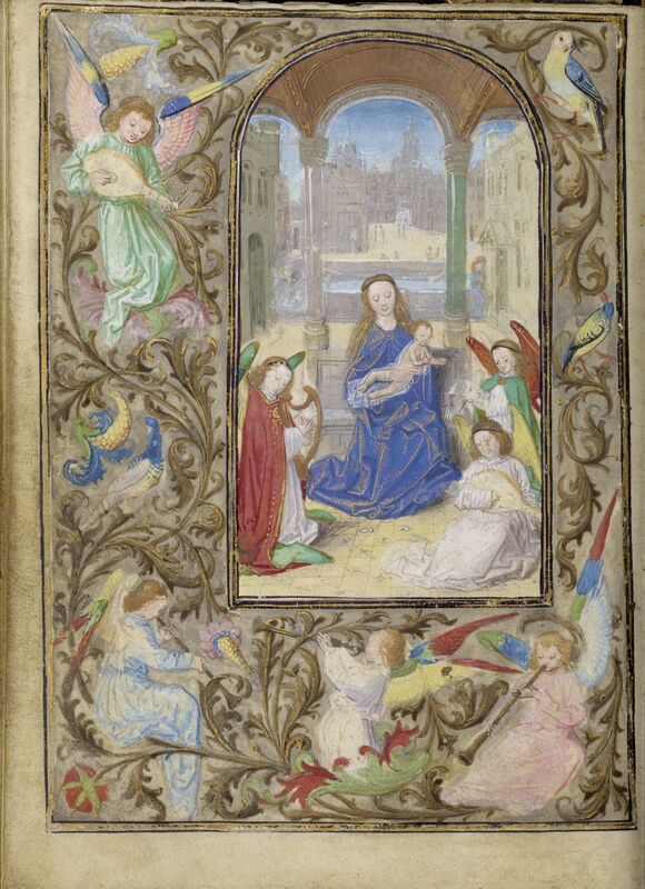 Lievan van Lathem, ‘The Virgin and Child with Angels’, 1471, Tempera colors, gold leaf, gold paint, silver paint, and ink on parchment, J. Paul Getty Museum