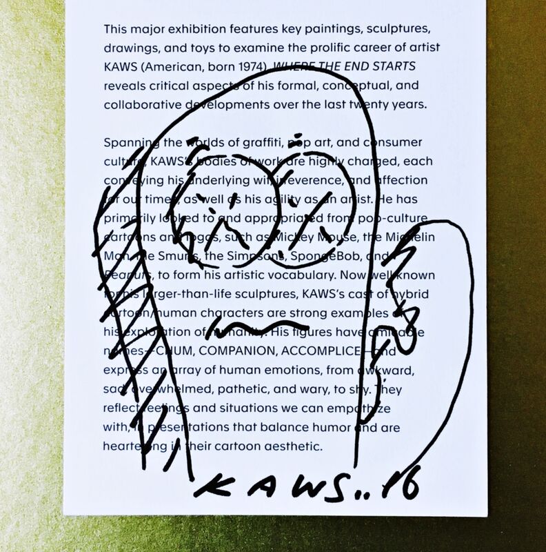 KAWS, ‘Original signed drawing, gifted by KAWS to staff of Museum of Modern Art, Ft. Worth, Texas, accompanied by handwritten letter of provenance from the museum employee’, 2016, Drawing, Collage or other Work on Paper, Original ink drawing. Hand signed and dated by Kaws, and also accompanied by handwritten letter of provenance from Modern Art Museum, Ft. Worth, Texas staff member. Elegantly framed and ready to hang., Alpha 137 Gallery Gallery Auction