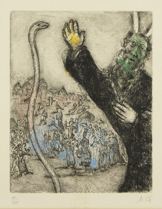 Marc Chagall, ‘Moses and the Serpent, from La Bible [Cramer Book 30]’, 1931-39, Print, Etching with hand colouring on wove, Roseberys