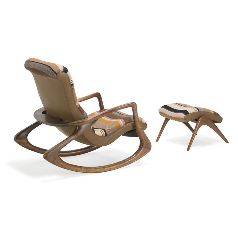 Vladimir Kagan, ‘Contour rocking chair and ottoman, USA’, Design/Decorative Art, Sculpted walnut, leather, upholstery, Rago/Wright/LAMA