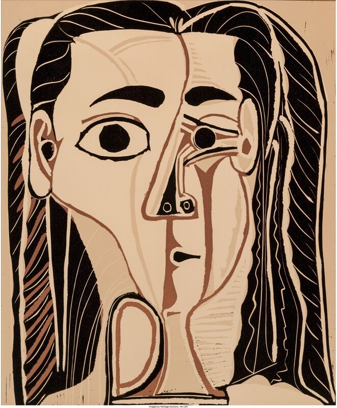 Pablo Picasso, ‘Jacqueline au bandeau de face (Grand tête de femme)’, 1962, Other, Linoleum cut in colors on Arches paper, Heritage Auctions