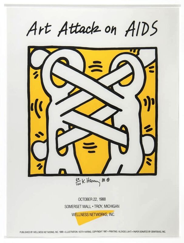 Keith Haring, ‘Attack on Aids’, 1988, Print, Silkscreen in two colours on poster paper, Rhodes