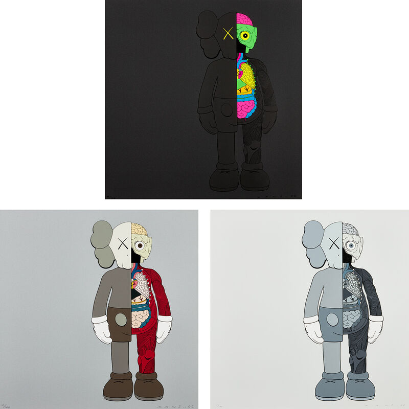 KAWS, ‘DISSECTED COMPANION (BLACK); (GREY); and (BROWN)’, 2005, Books and Portfolios, The complete set of three screenprints in colors, on wove paper, the full sheets, with the original black 'ORIGINAL FAKE' heavy board folios., Phillips