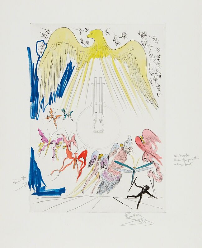 Salvador Dalí, ‘L'Ampoule à incandescence (The Electric Lightbulb), for Hommage à Leonardo da Vinci (American Inventions)’, 1975, Print, Drypoint with extensive hand-coloring in watercolor and ink, on Rives BFK paper, with full margins, Phillips