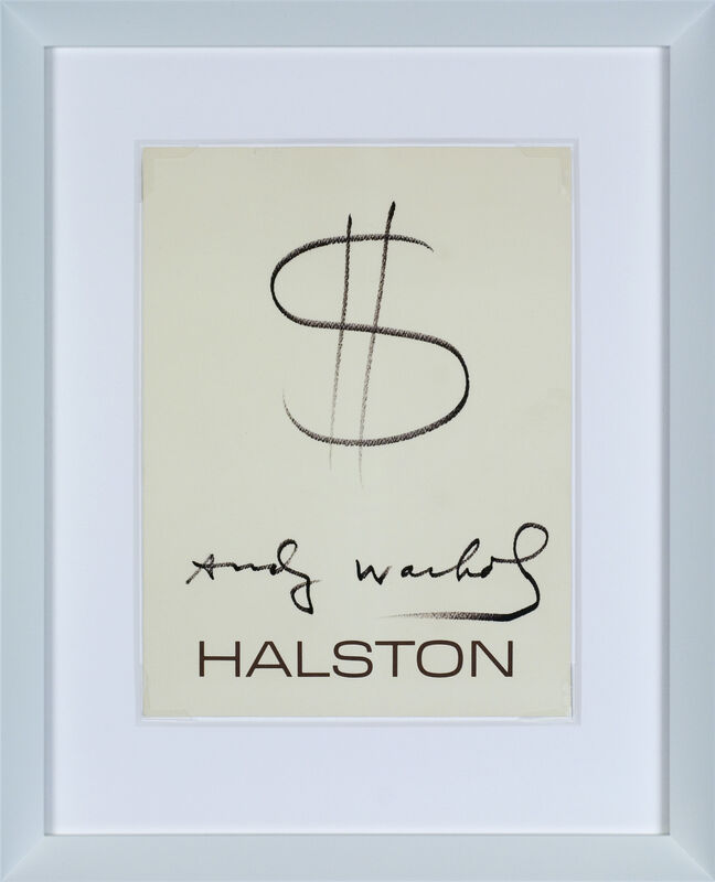 Andy Warhol, ‘UNTITLED (HALSTON $ SIGNED DRAWING) ’, 1982, Drawing, Collage or other Work on Paper, Black pen, printed card, Artificial Gallery