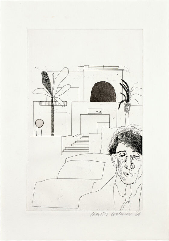 David Hockney, ‘Illustrations for 14 Poems by C.P. Cavafy (S.A.C. 47-59, M.C.A.T. 47-59)’, 1967, Books and Portfolios, Book of 12 etchings with aquatint, on wove paper, with full margins, with title-page, text and justification, bound (as issued) in the original purple cotton silk covers, with the accompanying signed and dated etching Portrait of Cavafy II loose (as issued), all contained in the original black cotton silk covered slipcase., Phillips