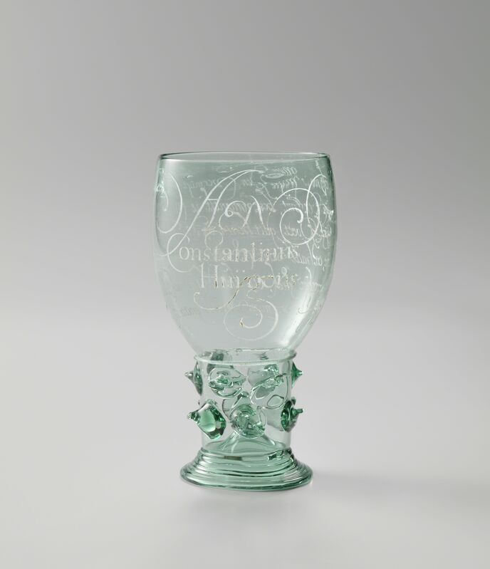 Anna Roemers Visscher, ‘Wine Glass engraved with a poem to Constantijn Huygens’, 1619, Design/Decorative Art, Green glass with diamond engraving, remnants of black in the engraving, Rijksmuseum