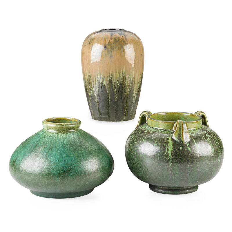 Fulper Pottery, ‘Three Vases (One Prang), Leopard Skin Crystalline, Cucumber Green and Experimental Flambé Glazes, Flemington, NJ’, 1910s-20s, Design/Decorative Art, Rago/Wright/LAMA
