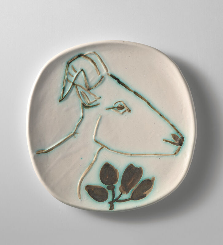 Pablo Picasso, ‘Tête de chèvre de profil (Goat's Head in Profile)’, 1950, Design/Decorative Art, White earthenware round plate painted in colours with partial brushed glaze., Phillips