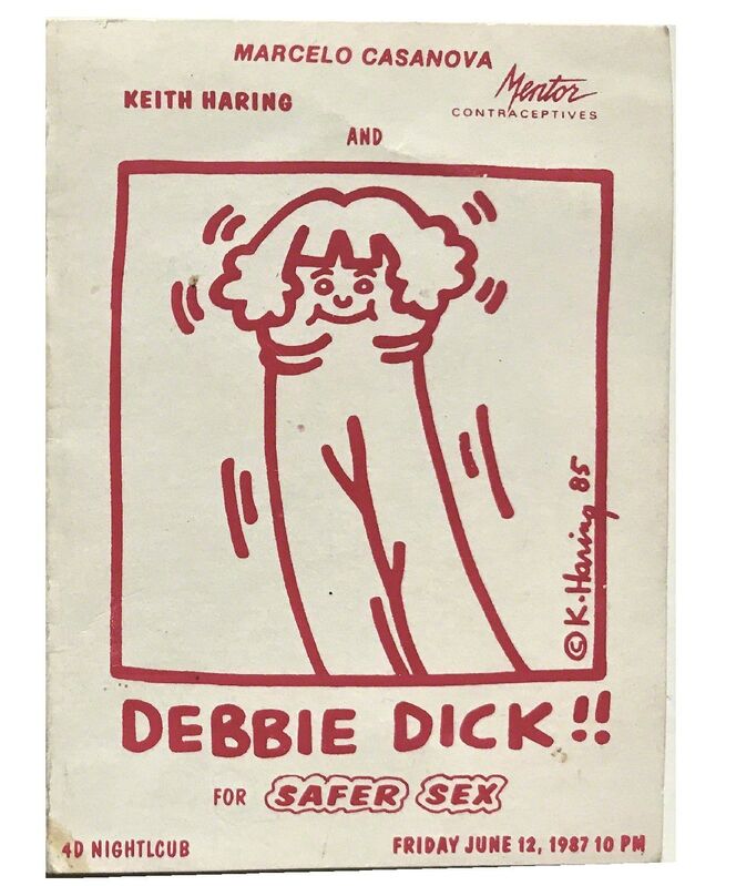 Keith Haring, ‘"Debbie Dick", 1987, 4D Nightclub NYC, Promotional Card for Safe Sex & Mentor Contraceptives, RARE’, 1987, Ephemera or Merchandise, Lithograph on card stock, VINCE fine arts/ephemera