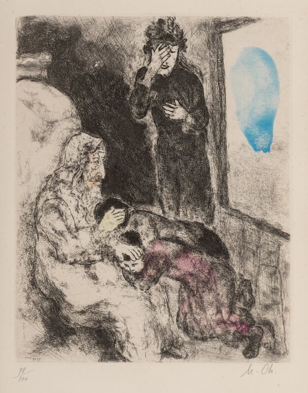 Marc Chagall, ‘Jacob blessing Joseph's sons, from Bible’, 1958, Print, Etching with hand coloring on Arches paper, Heritage Auctions