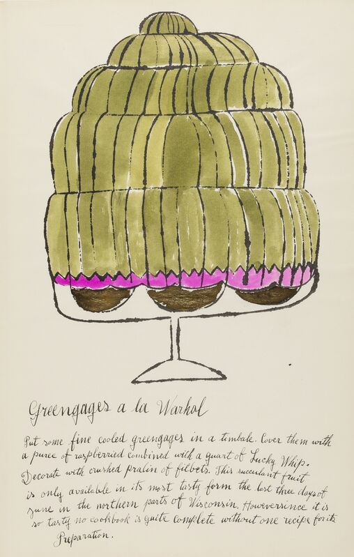 Andy Warhol, ‘Greengages a la Warhol (from Wild Raspberries) (see Feldman & Schellmann IV.143.A)’, 1959, Print, Offset lithograph extensively heightened with watercolour and gold ink, on laid paper, Forum Auctions