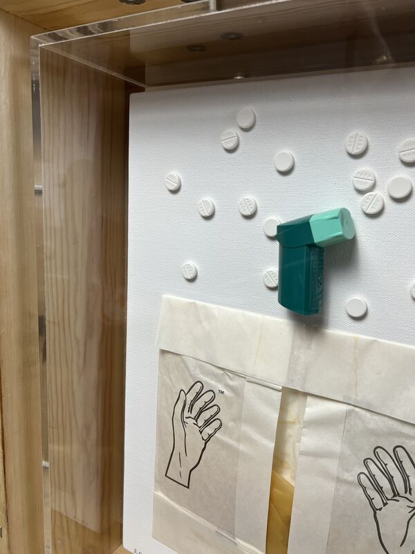 Damien Hirst, ‘Silent Prayer’, 2006, Mixed Media, Plastic 'Evohaler', paracetamol pills, paper, rubber gloves, paint, canvas, Artificial Gallery