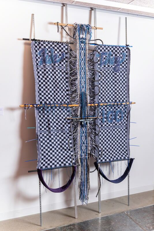 Kira Dominguez Hultgren, ‘Bridge: We/They’, 2019, Textile Arts, Handspun and industrially spun wool, cotton thread, indigo-dyed ramie, wool mill ends, rayon, acrylic and other novelty yarn, metallic thread, organic cotton t-shirt yarn and fabric, nylon and polyester climbing rope from Berkeley Ironworks Climbing Gym, plastic rods, found wood and metal, frame bars, and zip ties., Eleanor Harwood Gallery