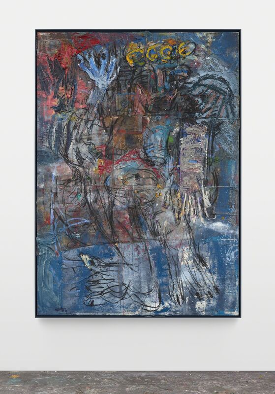 Daniel Crews-Chubb, ‘Zeus(!) blue’, 2019, Painting, Oil, oil bar, charcoal, ink, pastel,coarse pumice gel, sand and collaged fabrics on canvas in artist frame., Vigo Gallery