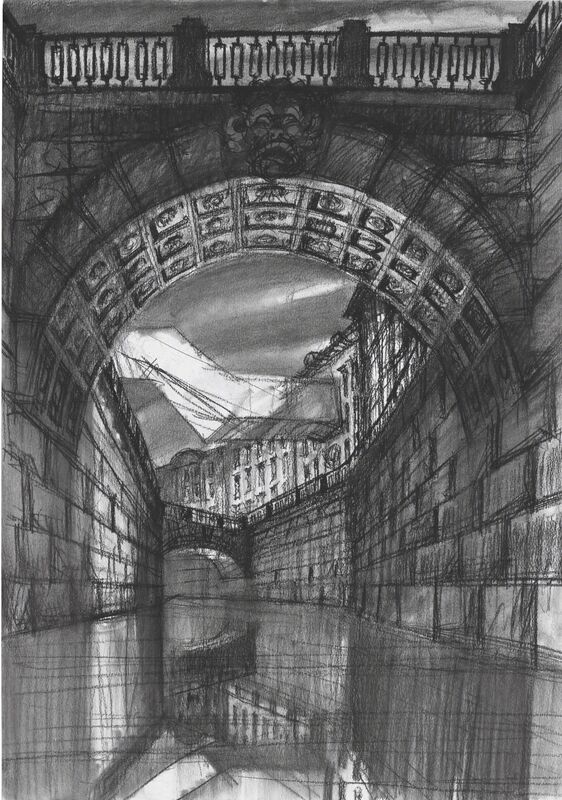 Sergei Tchoban, ‘Architectural contrasts 1. Bridge’, 2015, Drawing, Collage or other Work on Paper, Charcoal on paper, Antonia Jannone Disegni di Architettura