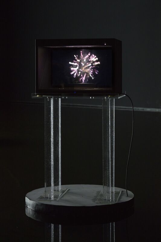Cécile B. Evans, ‘Handy if you're learning to fly II’, 2016, Mixed Media, Custom-built holocube, assorted miniatures, HD video, cellophane, plexiglass stands, corn syrup, lacquer, C-type print, book, Barbara Seiler