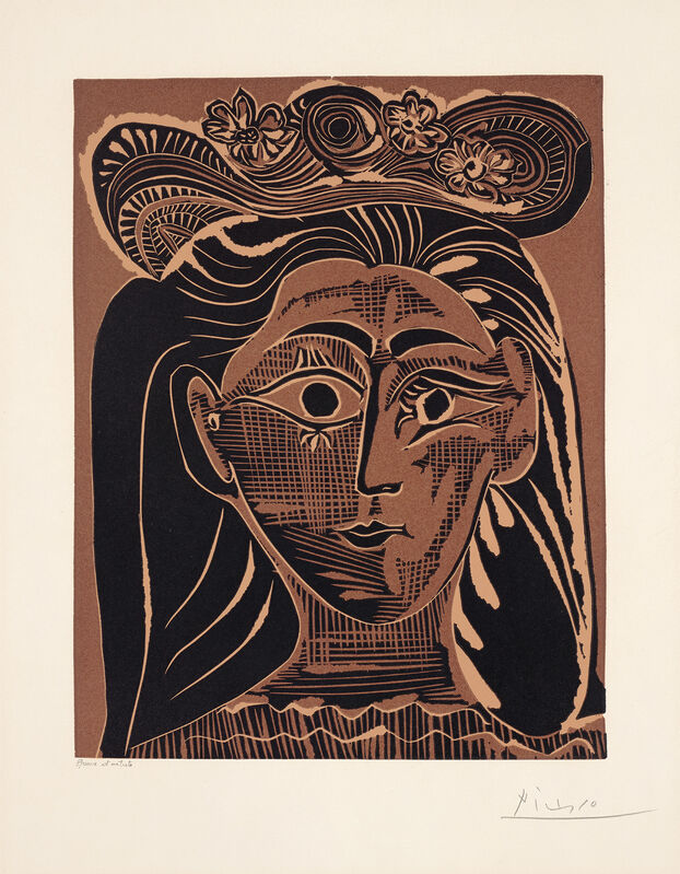 Pablo Picasso, ‘Portrait de Jacqueline au chapeau de paille fleuri (Portrait of Jacqueline with a Flowery Straw Hat)’, 1962, Print, Linocut in colours, on Arches paper, with full margins (deckle at lower edge)., Phillips