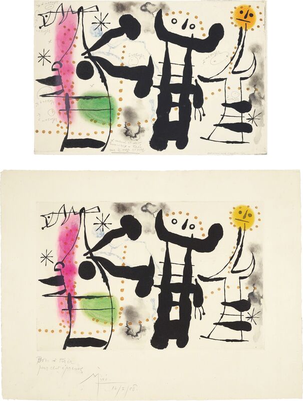 Joan Miró, ‘Les philosophes II (The Philosophers II): two impessions’, 1958, Print, Two aquatints in colors (one with hand-coloring), on Rives BFK paper, with full margins, Phillips