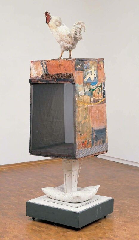 Robert Rauschenberg, ‘Odalisk’, 1955/1958, Combine: oil, watercolor, pencil, crayon, paper, fabric, photographs, printed reproductions, miniature blueprint, newspaper, metal, glass, dried grass, and steel wool with pillow, wood post, electric lights, and rooster on wood structure mounted on four casters, Robert Rauschenberg Foundation