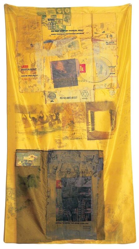 Robert Rauschenberg, ‘Sulphur Bank (Hoarfrost)’, 1974, Solvent transfer on fabric with cardboard, and paper bag, Robert Rauschenberg Foundation