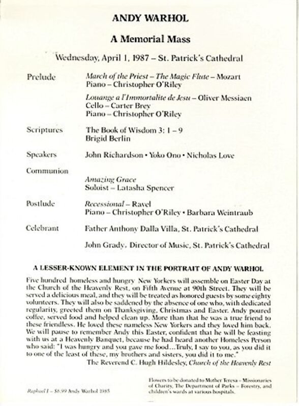 Andy Warhol, ‘Warhol's Memorial Mass Announcement Card - St. Patrick's Cathedral NYC’, 1987, Ephemera or Merchandise, Offset Lithograph, VINCE fine arts/ephemera