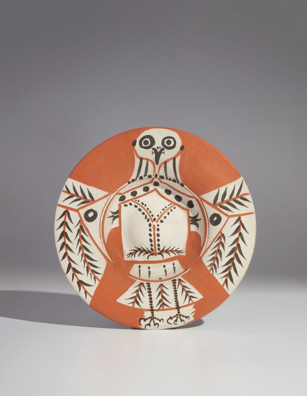 Pablo Picasso, ‘White owl on red ground (Hibou blanc sur fond rouge)’, 1957, Design/Decorative Art, Red earthenware round dish with engraving, painted in black and white with partial brushed glaze, Phillips