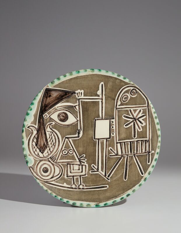 Pablo Picasso, ‘Jacqueline at the Easel (Jacqueline au chevalet)’, 1956, Design/Decorative Art, White earthenware round plate, painted in colors with brushed glaze, Phillips