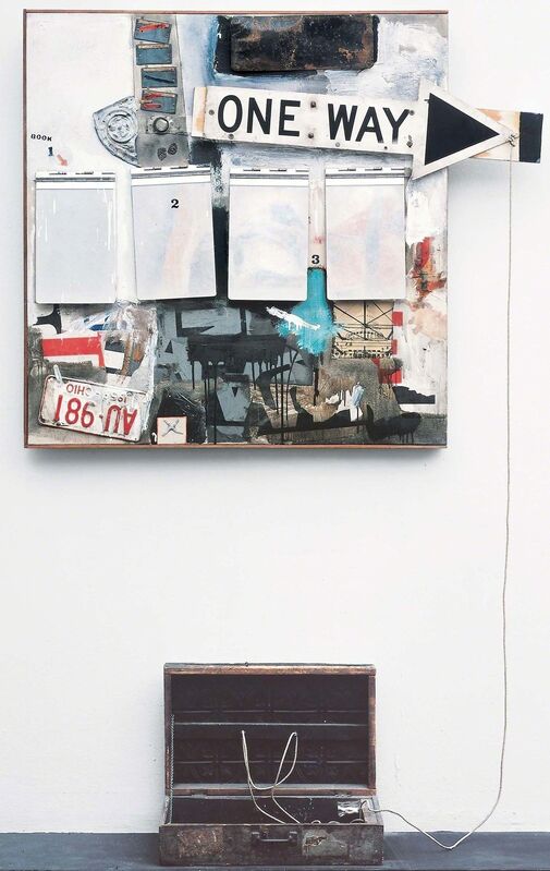 Robert Rauschenberg, ‘Black Market’, 1961, Combine: oil, watercolor, pencil, paper, fabric, newspaper, printed paper, printed reproductions, wood, metal, tin, and four metal clipboards on canvas with rope, rubber stamp, ink pad, and various objects in wood valise randomly given and taken by viewers, Robert Rauschenberg Foundation