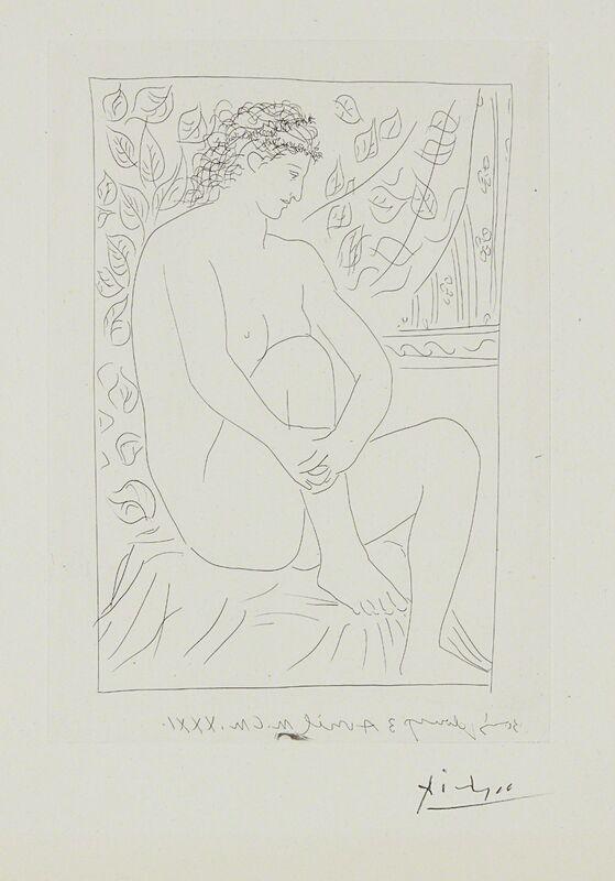 Pablo Picasso, ‘Femme nue assise devant un rideau (Nude Woman Sitting in Front of a Curtain), plate 4 from La suite Vollard’, 1931, Print, Etching, on Montval paper, with full margins, Phillips