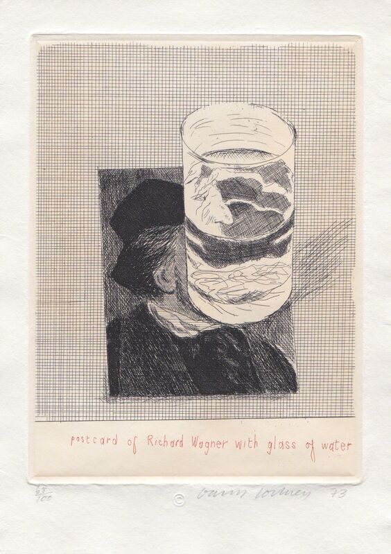 David Hockney, ‘Postcard of Richard Wagner with a Glass of Water (From Eighteen Small Prints)’, 1973, Print, Etching, Bernard Jacobson Gallery